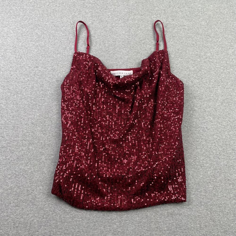Endless Rose Cami Tank Top Womens M Red Sequin Draped Cowl Neck Sleeveless Glam